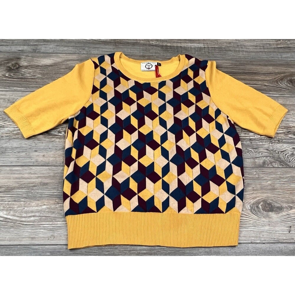 Geometric Patterned Crew Neck Sweater - Yellow and Blue